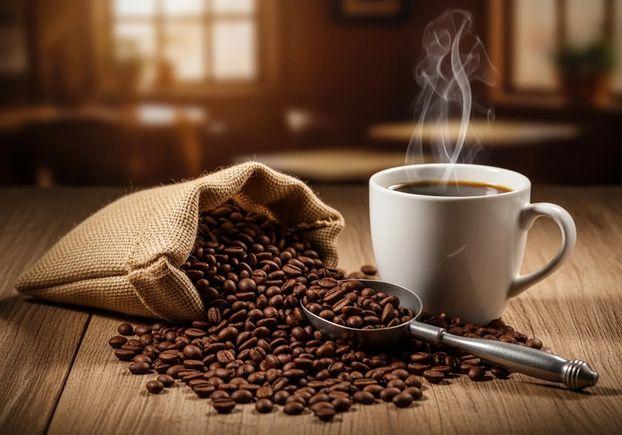 咖啡杯與麻布袋裝咖啡豆